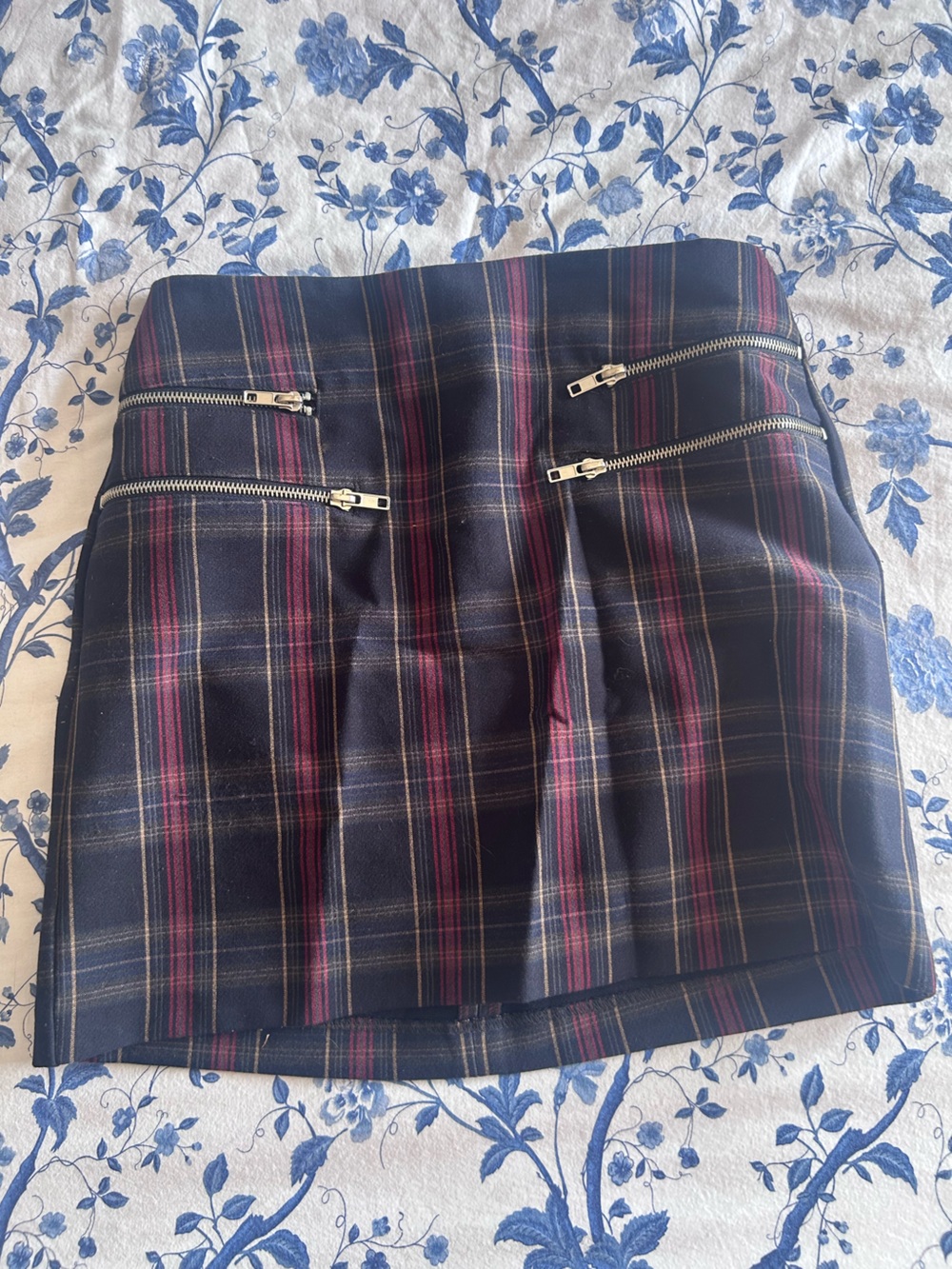 Forever 21 Navy Plaid Pencil Skirt with Burgundy Stripes and Silver Zippers